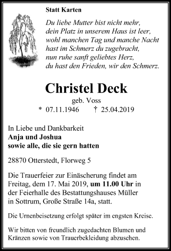 Traueranzeige von Christel Deck von SYK