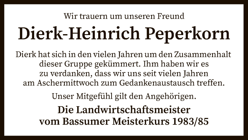  Traueranzeige für Dierk-Heinrich Peperkorn vom 22.05.2019 aus SYK