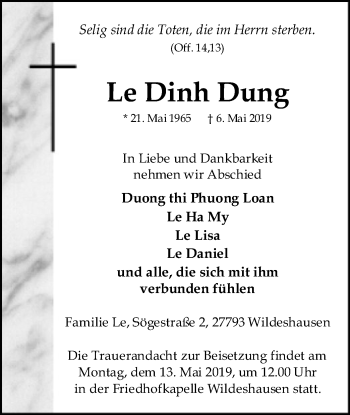 Traueranzeige von Dinh Dung Le von SYK