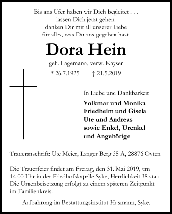 Traueranzeige von Dora Hein von SYK