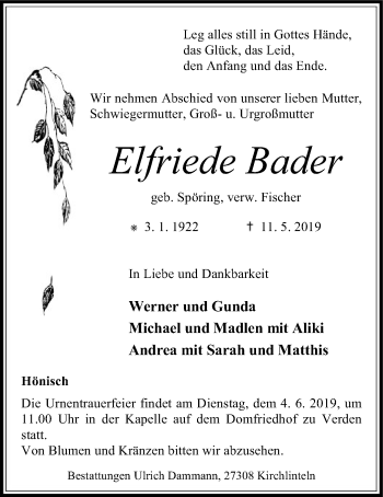 Traueranzeige von Elfriede Bader von SYK