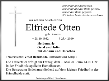 Traueranzeige von Elfriede Otten von SYK