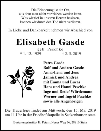 Traueranzeige von Elisabeth Gasde von SYK