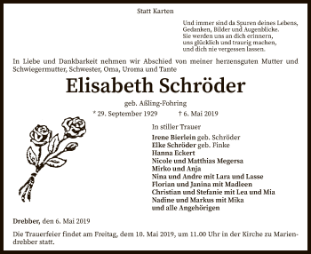 Traueranzeige von Elisabeth Schröder von SYK