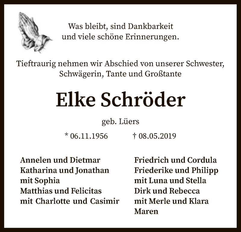  Traueranzeige für Elke Schröder vom 18.05.2019 aus SYK