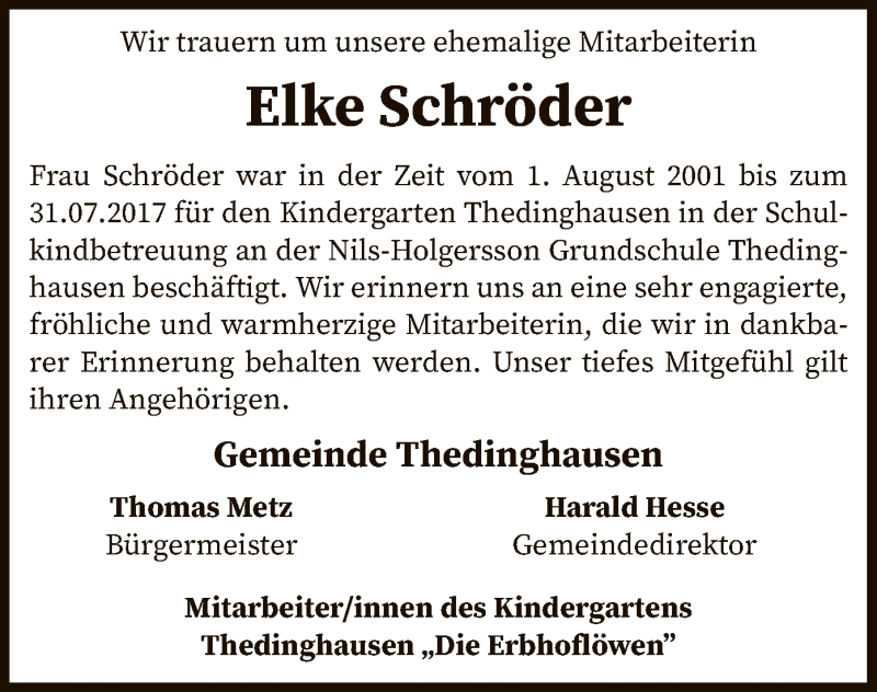  Traueranzeige für Elke Schröder vom 21.05.2019 aus SYK