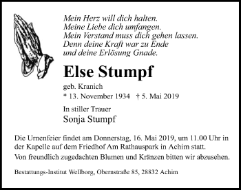 Traueranzeige von Else Stumpf von SYK