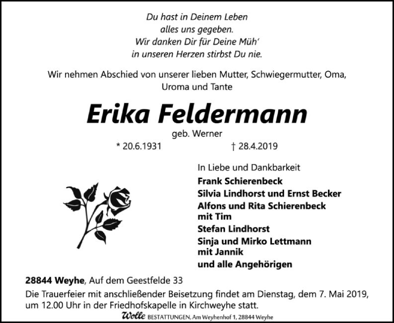  Traueranzeige für Erika Feldermann vom 30.04.2019 aus SYK