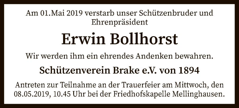  Traueranzeige für Erwin Bollhorst vom 03.05.2019 aus SYK
