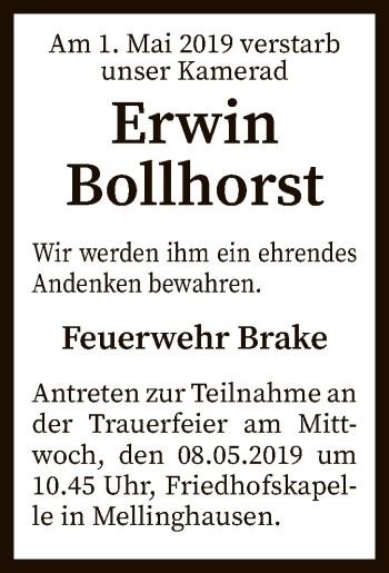 Traueranzeige von Erwin Bollhorst von SYK