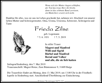 Traueranzeige von Frieda Zilse von SYK