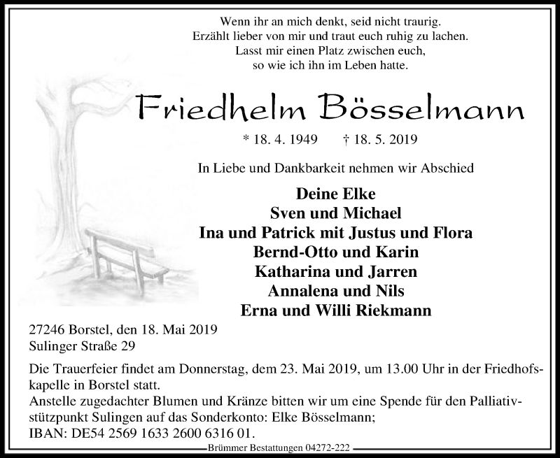  Traueranzeige für Friedhelm Bösselmann vom 21.05.2019 aus SYK