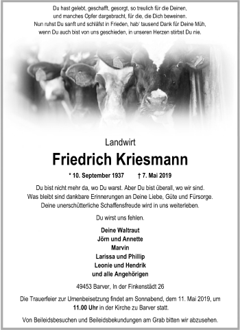 Traueranzeige von Friedrich Kriesmann von SYK