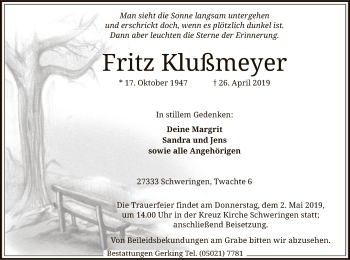 Traueranzeige von Fritz Klußmeyer von SYK