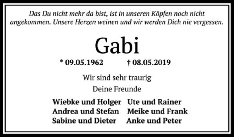  Traueranzeige für Gabi Motte-Rendigs vom 15.05.2019 aus SYK