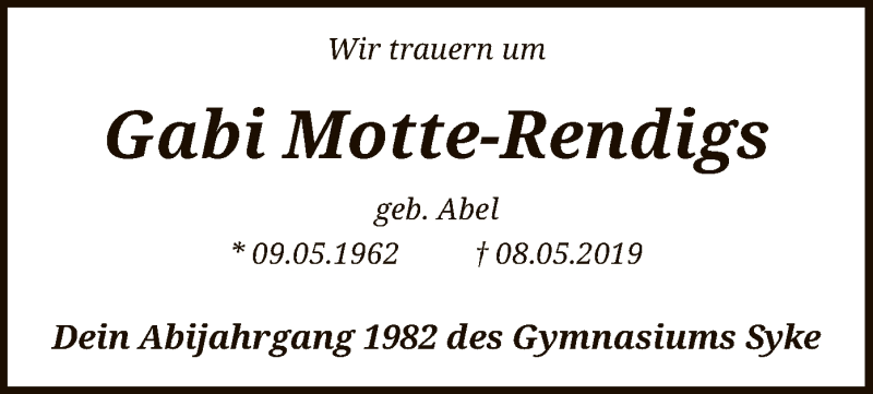  Traueranzeige für Gabi Motte-Rendigs vom 17.05.2019 aus SYK