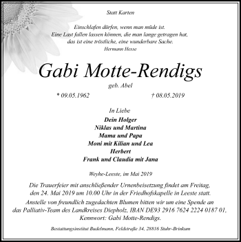 Traueranzeige von Gabi Motte-Rendigs von SYK