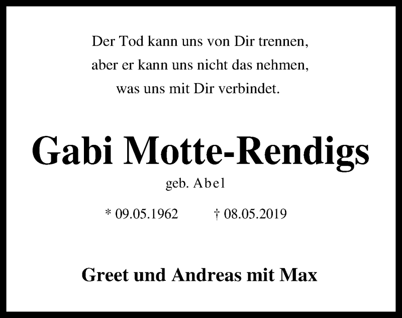  Traueranzeige für Gabi Motte-Rendigs vom 15.05.2019 aus SYK