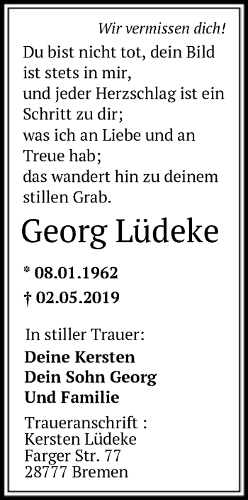 Traueranzeige von Georg Lüdeke von SYK