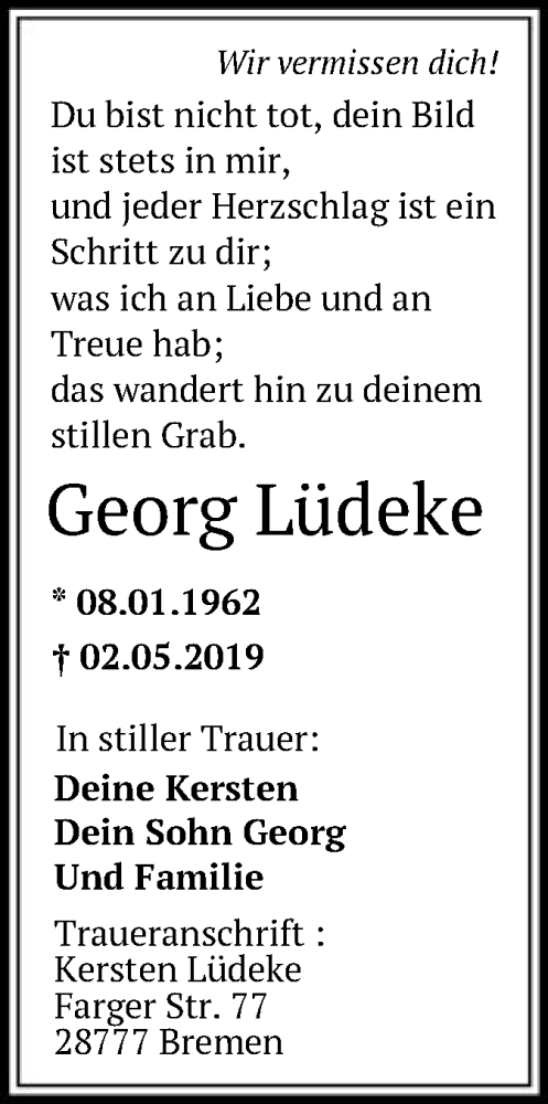  Traueranzeige für Georg Lüdeke vom 13.05.2019 aus SYK