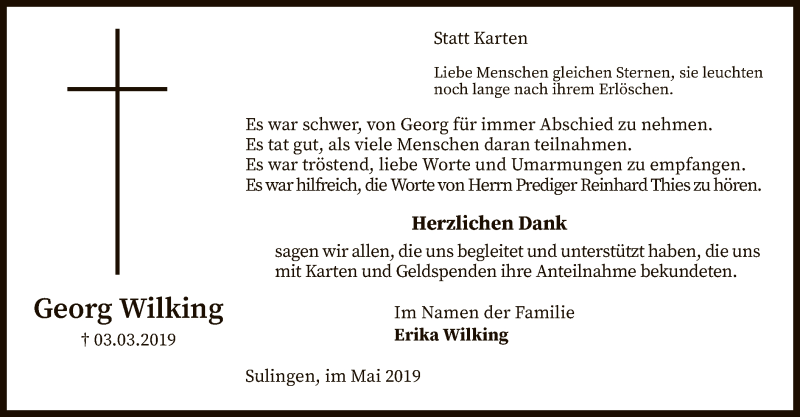  Traueranzeige für Georg Wilking „Hochrad-Schorse“ vom 18.05.2019 aus SYK
