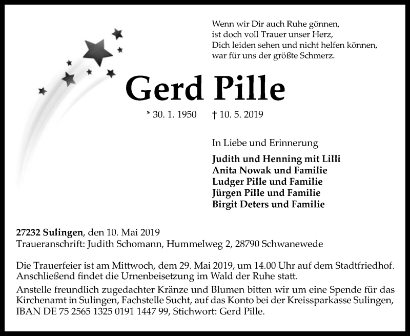  Traueranzeige für Gerd Pille vom 18.05.2019 aus SYK