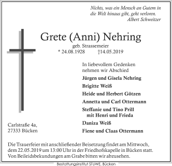 Traueranzeige von Grete Nehring von SYK