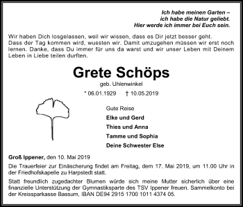 Traueranzeige von Grete Schöps von SYK