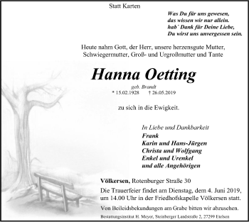 Traueranzeige von Hanna Oetting von SYK