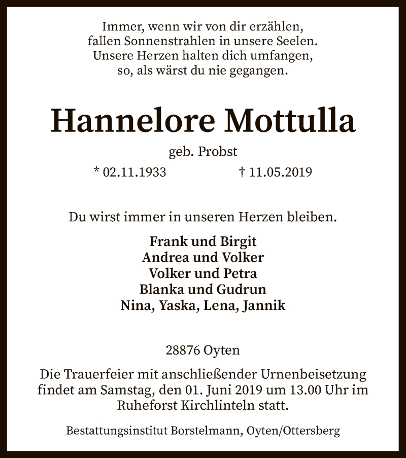  Traueranzeige für Hannelore Mottulla vom 17.05.2019 aus SYK