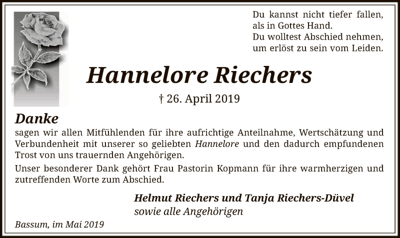  Traueranzeige für Hannelore Riechers vom 18.05.2019 aus SYK
