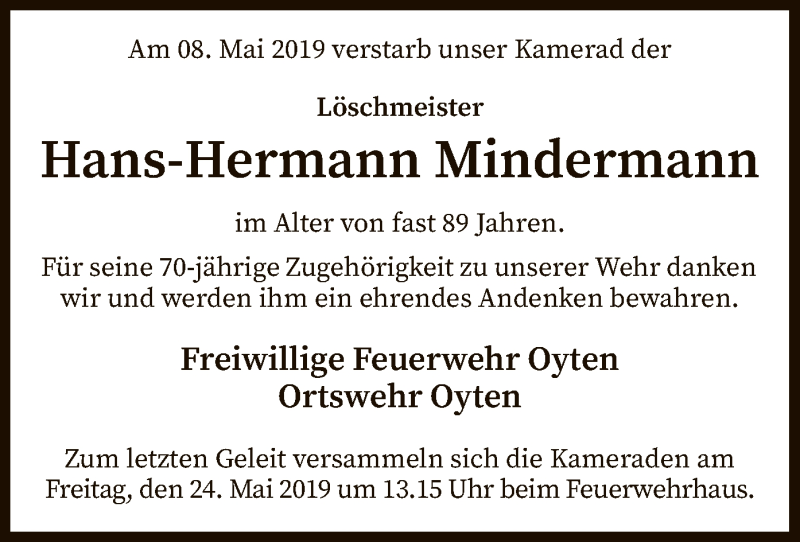  Traueranzeige für Hans-Hermann Mindermann vom 15.05.2019 aus SYK
