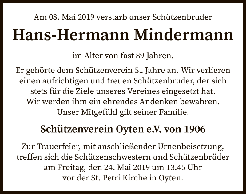  Traueranzeige für Hans-Hermann Mindermann vom 15.05.2019 aus SYK
