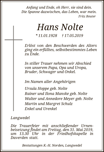 Traueranzeige von Hans Nolte von SYK