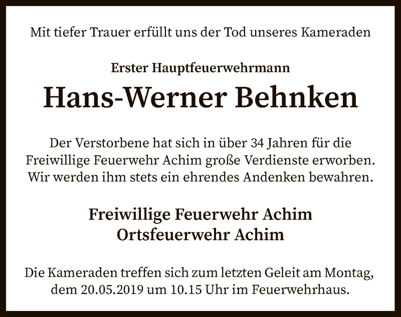  Traueranzeige für Hans-Werner Behnken vom 15.05.2019 aus SYK