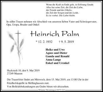 Traueranzeige von Heinrich Palm von SYK