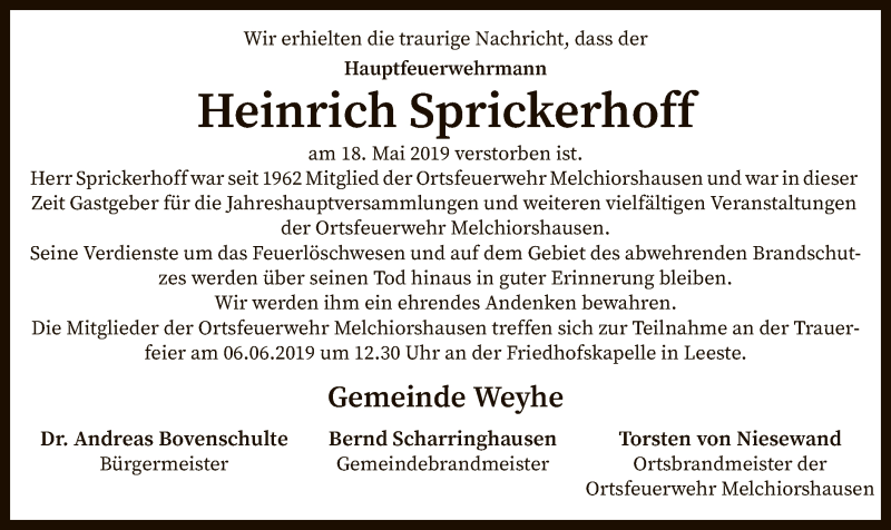  Traueranzeige für Heinrich Sprickerhoff vom 25.05.2019 aus SYK