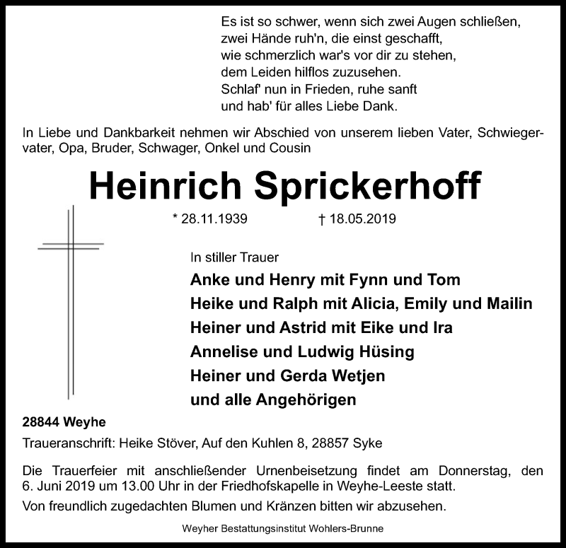  Traueranzeige für Heinrich Sprickerhoff vom 25.05.2019 aus SYK