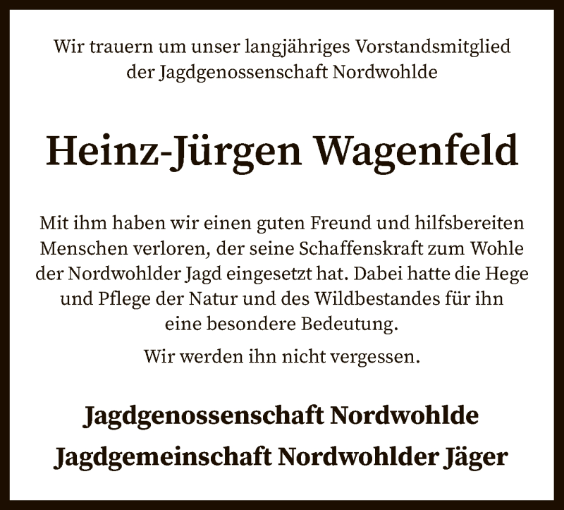  Traueranzeige für Heinz-Jürgen Wagenfeld vom 11.05.2019 aus SYK