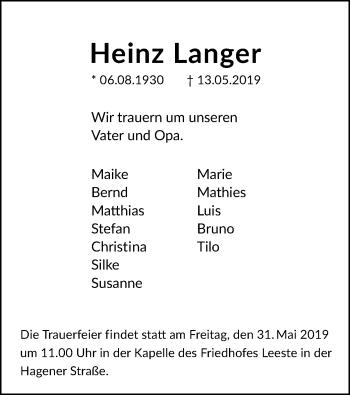 Traueranzeige von Heinz Langer von SYK