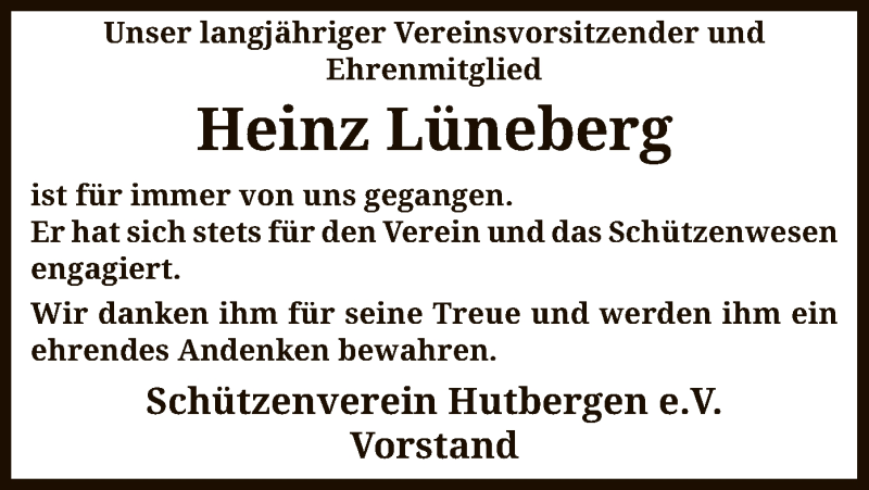  Traueranzeige für Heinz Lüneberg vom 16.05.2019 aus SYK