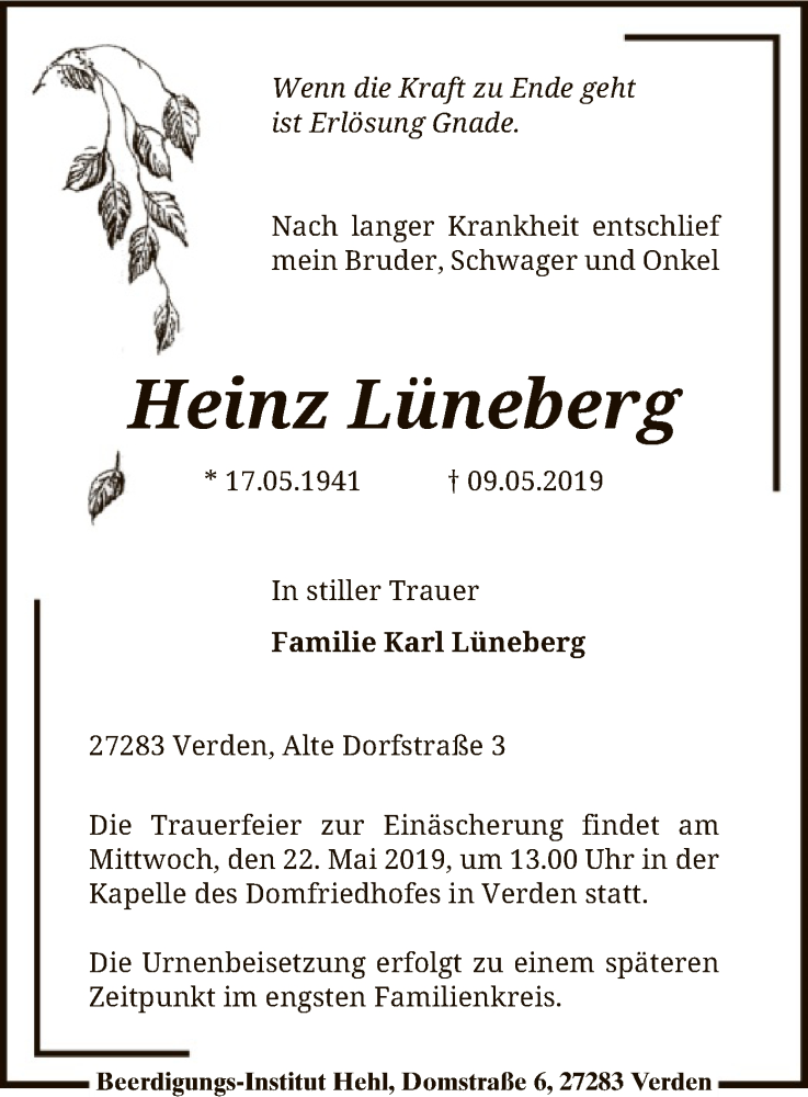  Traueranzeige für Heinz Lüneberg vom 16.05.2019 aus SYK