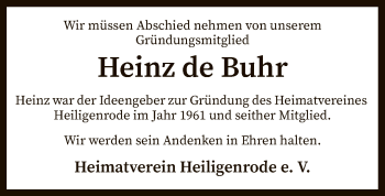 Traueranzeige von Heinz de Buhr von SYK