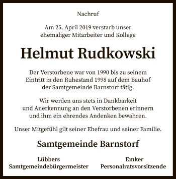 Traueranzeige von Helmut Rudkowski von SYK