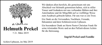 Traueranzeige von Helmuth Prekel von SYK