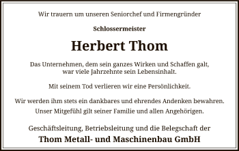 Traueranzeige von Herbert Thom von SYK