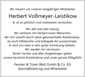 Traueranzeige von Herbert Voßmeyer-Leistikow von SYK