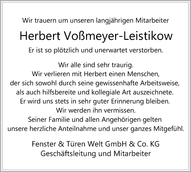  Traueranzeige für Herbert Voßmeyer-Leistikow vom 15.05.2019 aus SYK