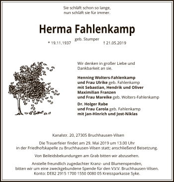 Traueranzeige von Herma Fahlenkamp von SYK