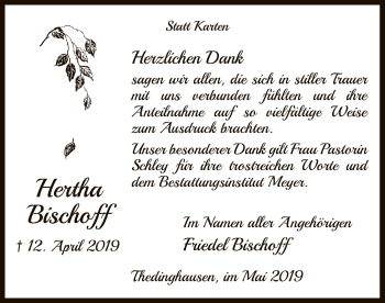 Traueranzeige von Hertha Bischoff von SYK